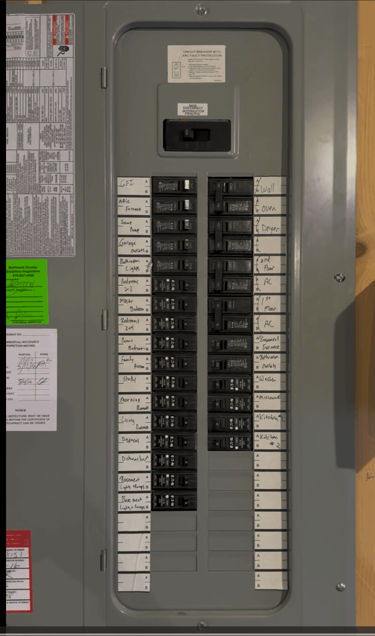 Gray electrical breaker panel with two columns of switches and handwritten labels for household circuits.